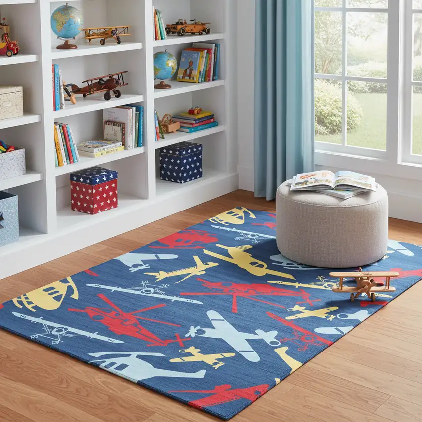 Blue Yellow And Red Helicopter Youthful Washable Round Rug Photo 1