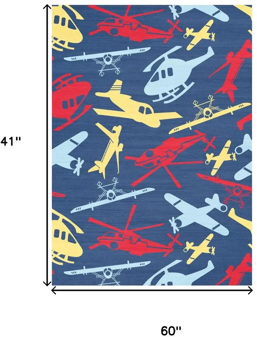 Blue Yellow And Red Helicopter Youthful Washable Round Rug Photo 6