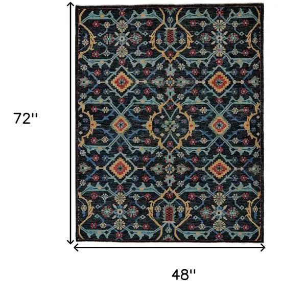 Blue Yellow And Red Wool Floral Hand Knotted Distressed Stain Resistant Area Rug With Fringe Photo 6