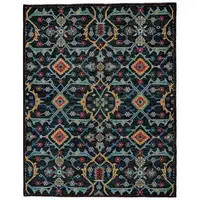 Photo of Blue Yellow And Red Wool Floral Hand Knotted Distressed Stain Resistant Area Rug With Fringe