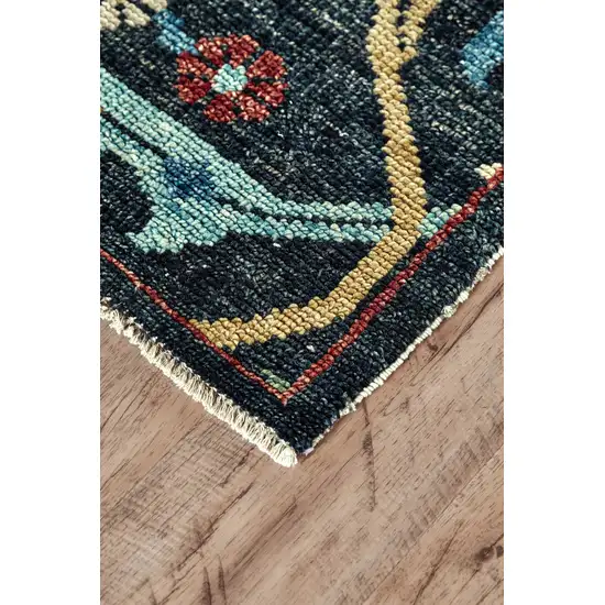 Blue Yellow And Red Wool Floral Hand Knotted Distressed Stain Resistant Area Rug With Fringe Photo 3
