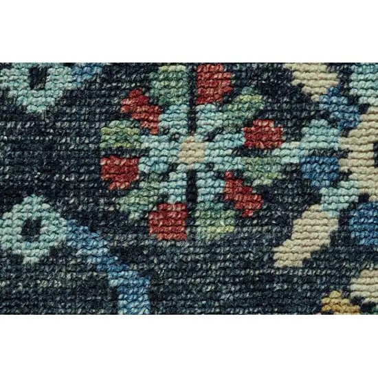 Blue Yellow And Red Wool Floral Hand Knotted Distressed Stain Resistant Area Rug With Fringe Photo 5
