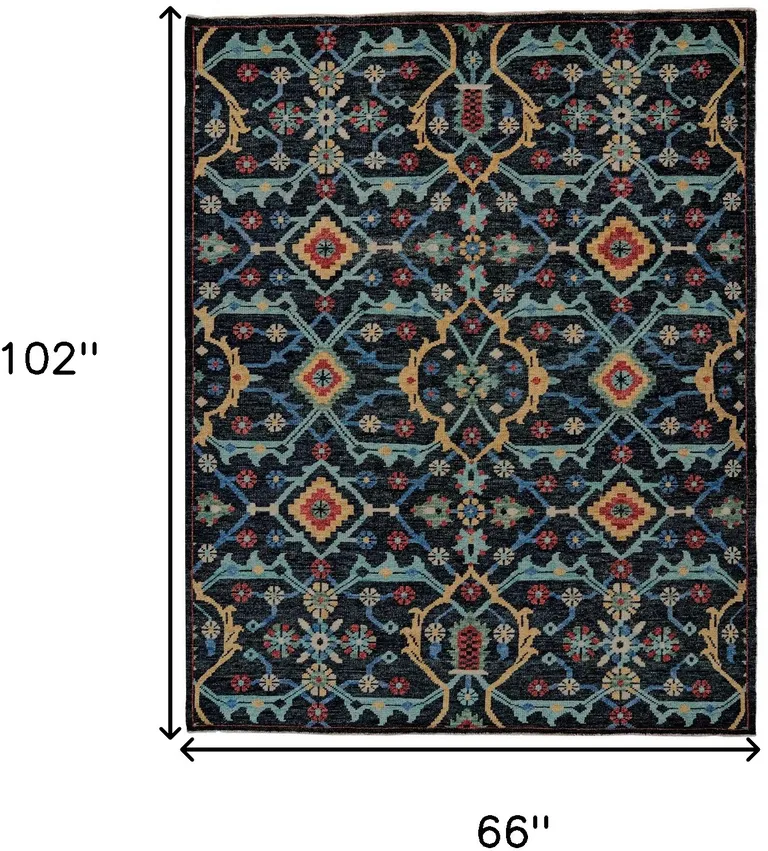 Blue Yellow And Red Wool Floral Hand Knotted Distressed Stain Resistant Area Rug With Fringe Photo 5