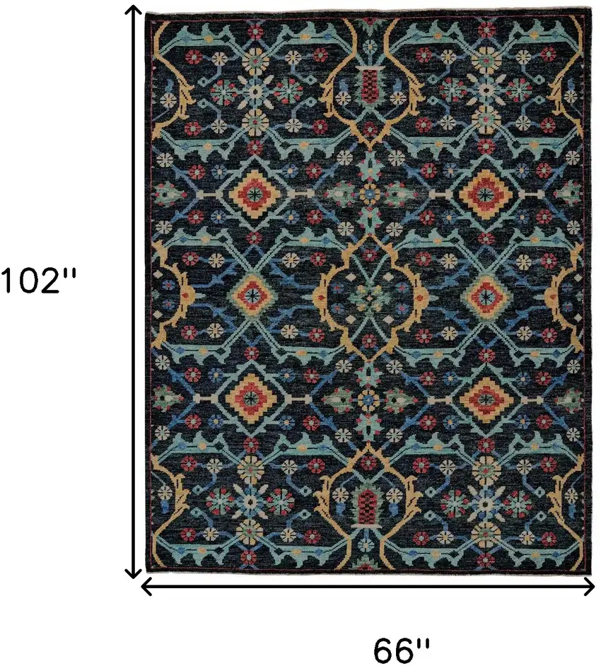 Blue Yellow And Red Wool Floral Hand Knotted Distressed Stain Resistant Area Rug With Fringe Photo 6
