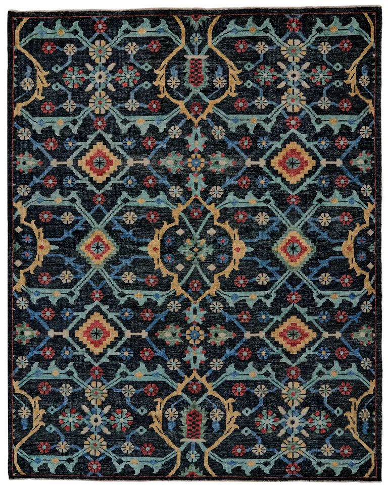Blue Yellow And Red Wool Floral Hand Knotted Distressed Stain Resistant Area Rug With Fringe Photo 1
