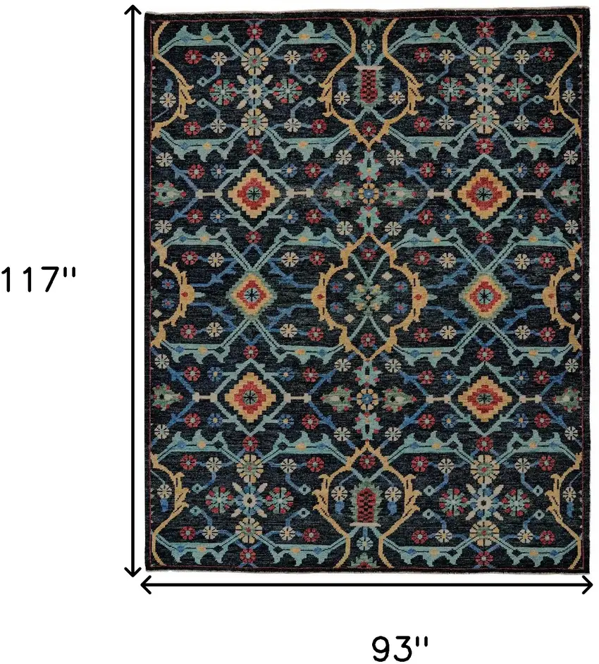Blue Yellow And Red Wool Floral Hand Knotted Distressed Stain Resistant Area Rug With Fringe Photo 6