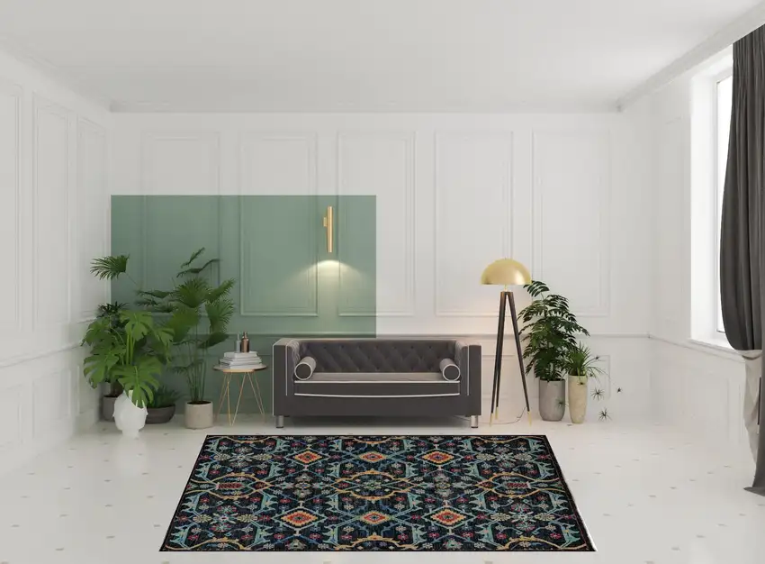 Blue Yellow And Red Wool Floral Hand Knotted Distressed Stain Resistant Area Rug With Fringe Photo 2