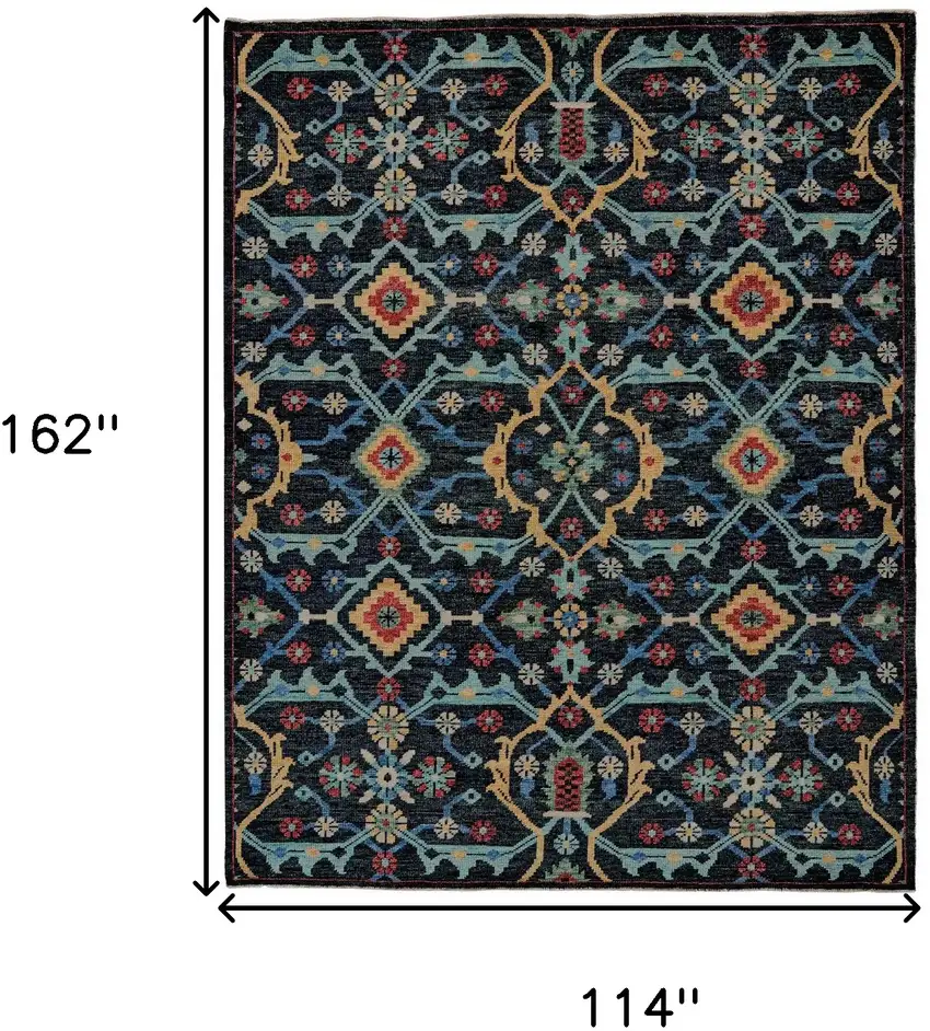 Blue Yellow And Red Wool Floral Hand Knotted Distressed Stain Resistant Area Rug With Fringe Photo 6