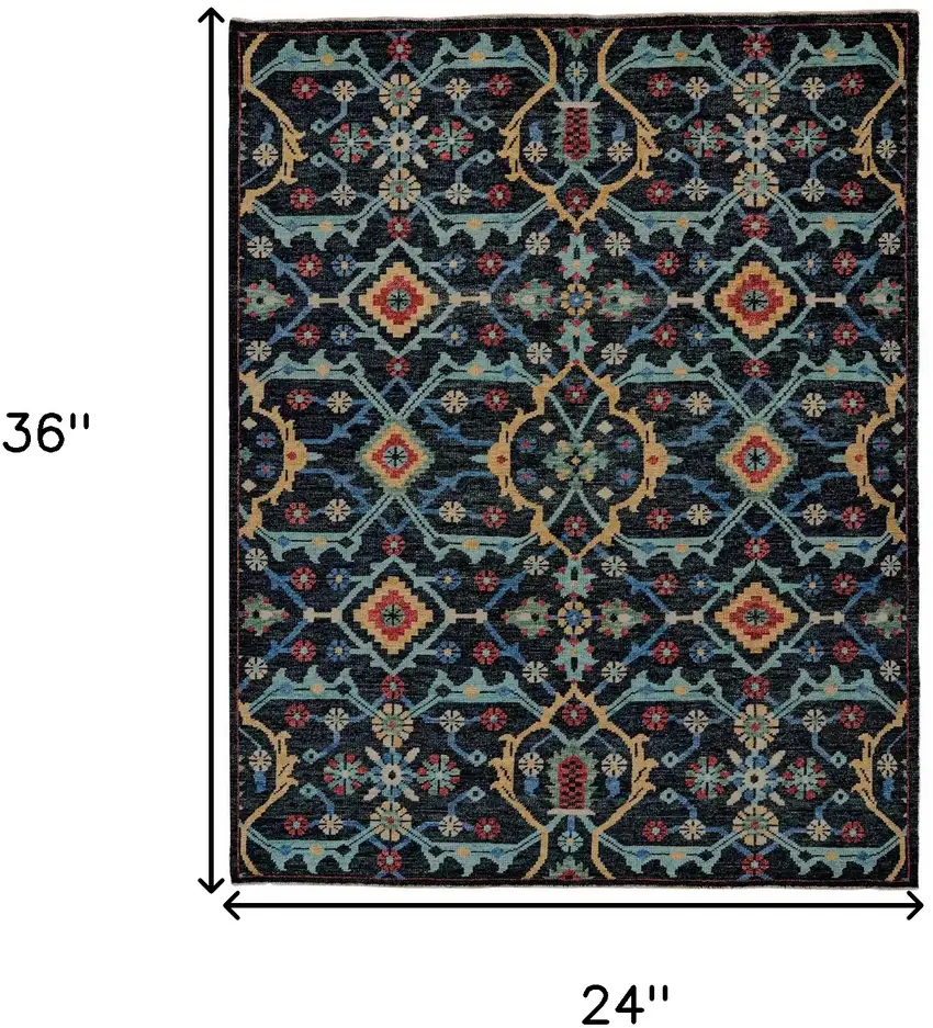 Blue Yellow And Red Wool Floral Hand Knotted Distressed Stain Resistant Area Rug With Fringe Photo 6