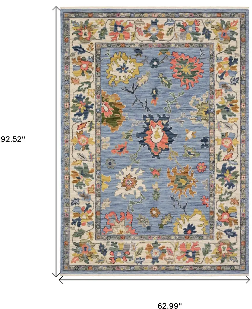 Blue Yellow And Salmon Oriental Area Rug With Fringe Photo 3