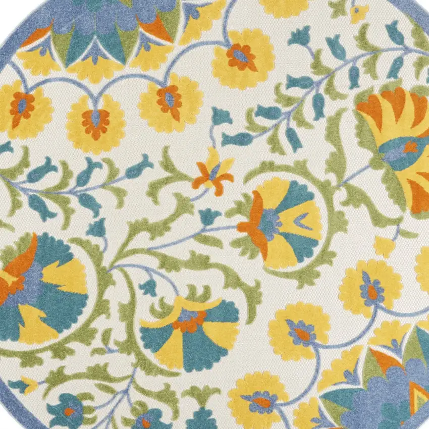 Blue Yellow And White Round Toile Non Skid Indoor Outdoor Area Rug Photo 3