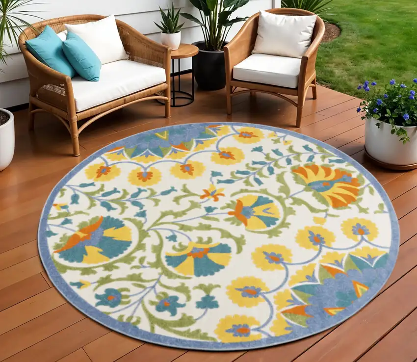 Blue And Yellow Round Indoor Outdoor Area Rug Photo 2