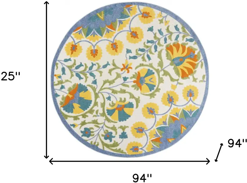Blue Yellow And White Round Toile Non Skid Indoor Outdoor Area Rug Photo 5
