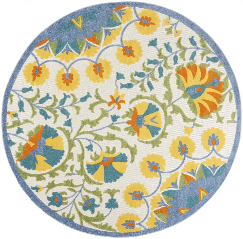 Blue Yellow And White Round Toile Non Skid Indoor Outdoor Area Rug Photo 1