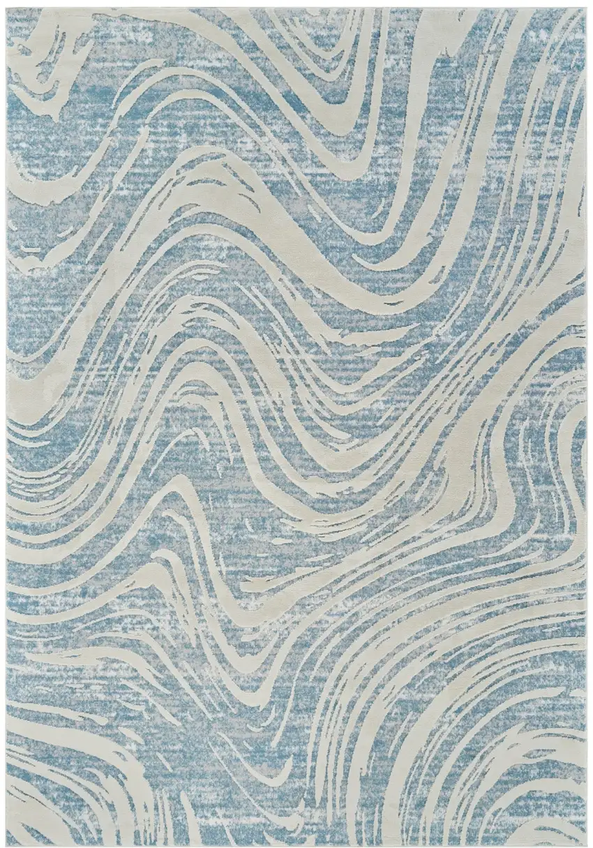 Blue and Beige Abstract Distressed Area Rug Photo 2