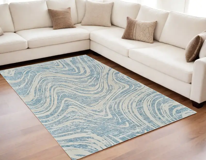Blue and Beige Abstract Distressed Area Rug Photo 1