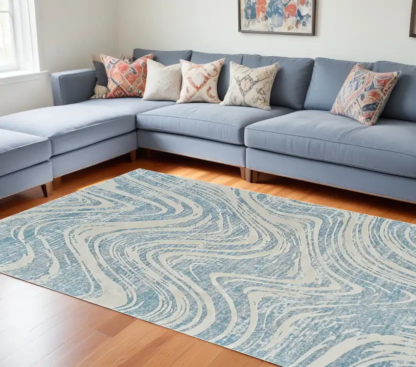 Blue and Beige Abstract Distressed Area Rug Photo 1
