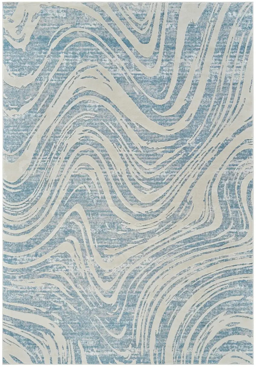 Blue and Beige Abstract Distressed Area Rug Photo 2