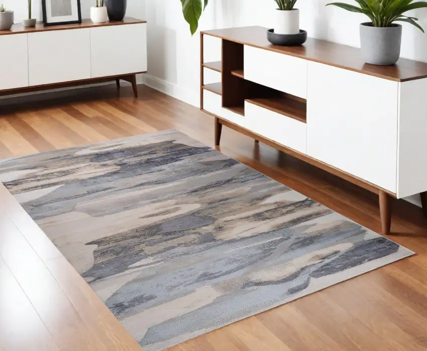 Blue and Beige Abstract Distressed Area Rug Photo 4