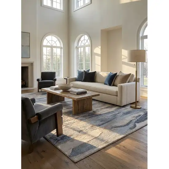 Blue and Beige Abstract Distressed Area Rug Photo 7