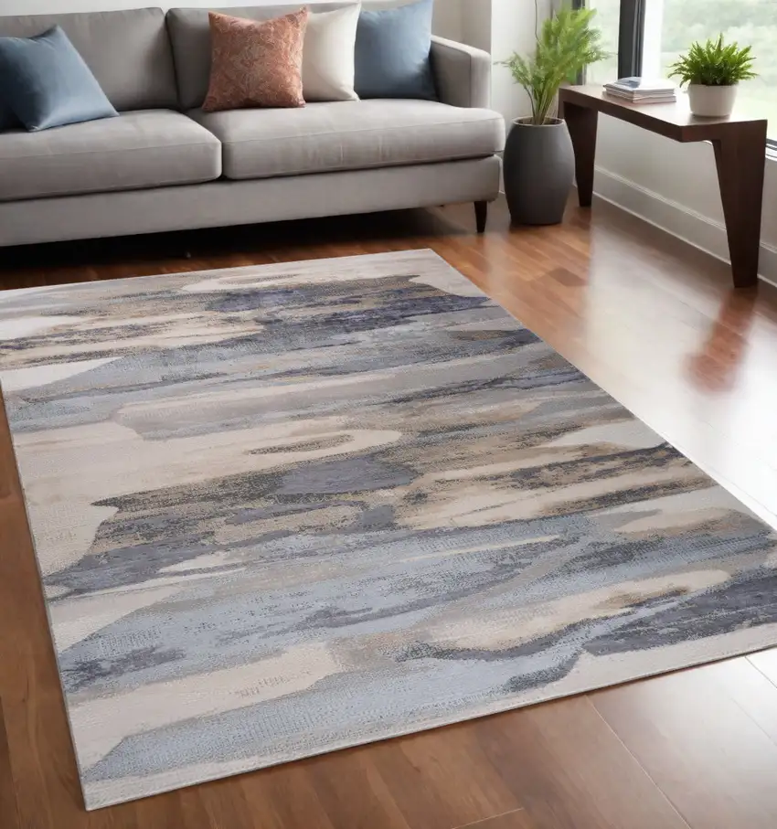 Blue and Beige Abstract Distressed Area Rug Photo 5
