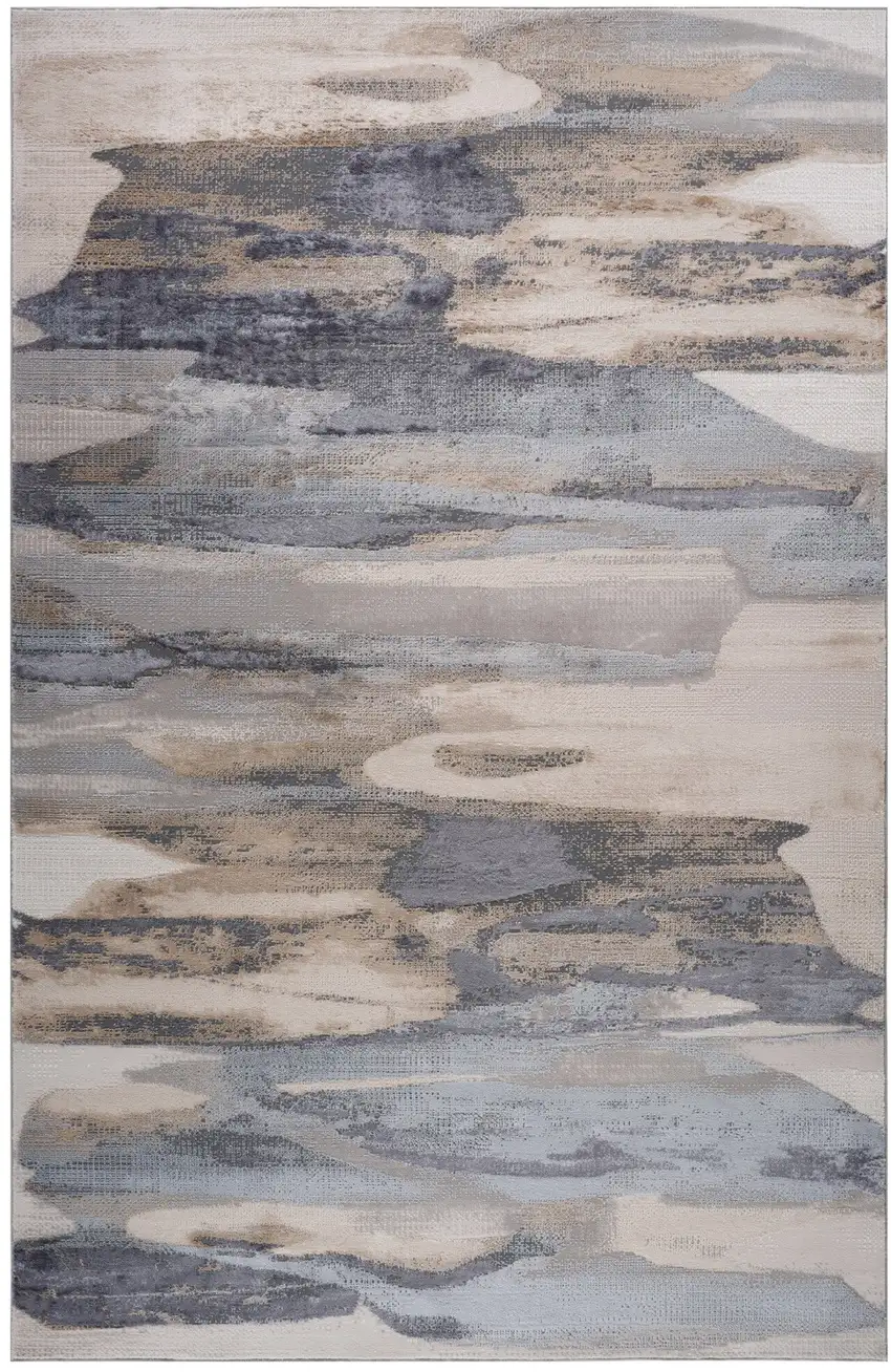 Blue and Beige Abstract Distressed Area Rug Photo 4