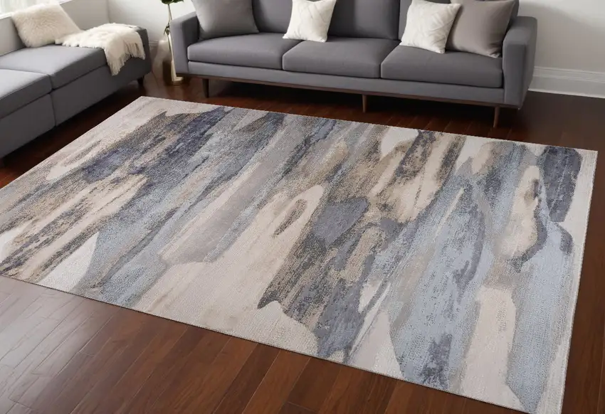 Blue and Beige Abstract Distressed Area Rug Photo 6