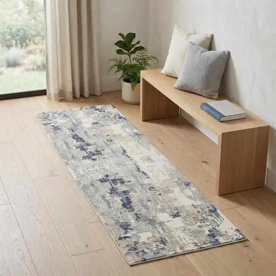 7' Blue And Beige Abstract Runner Rug Photo 1