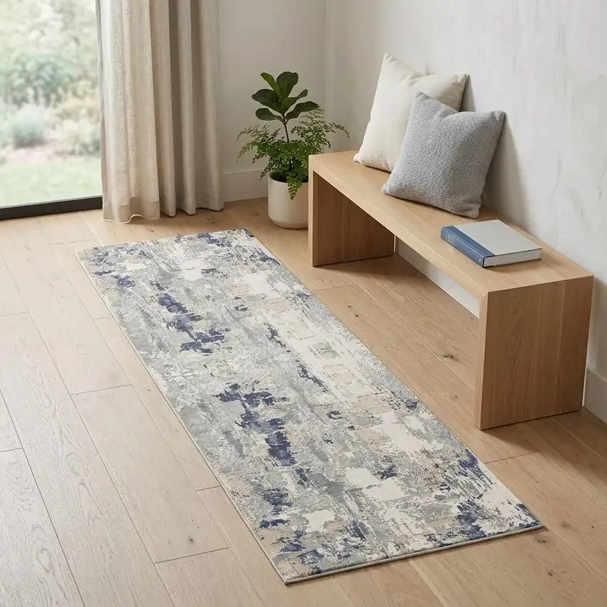 7' Blue And Beige Abstract Runner Rug Photo 1