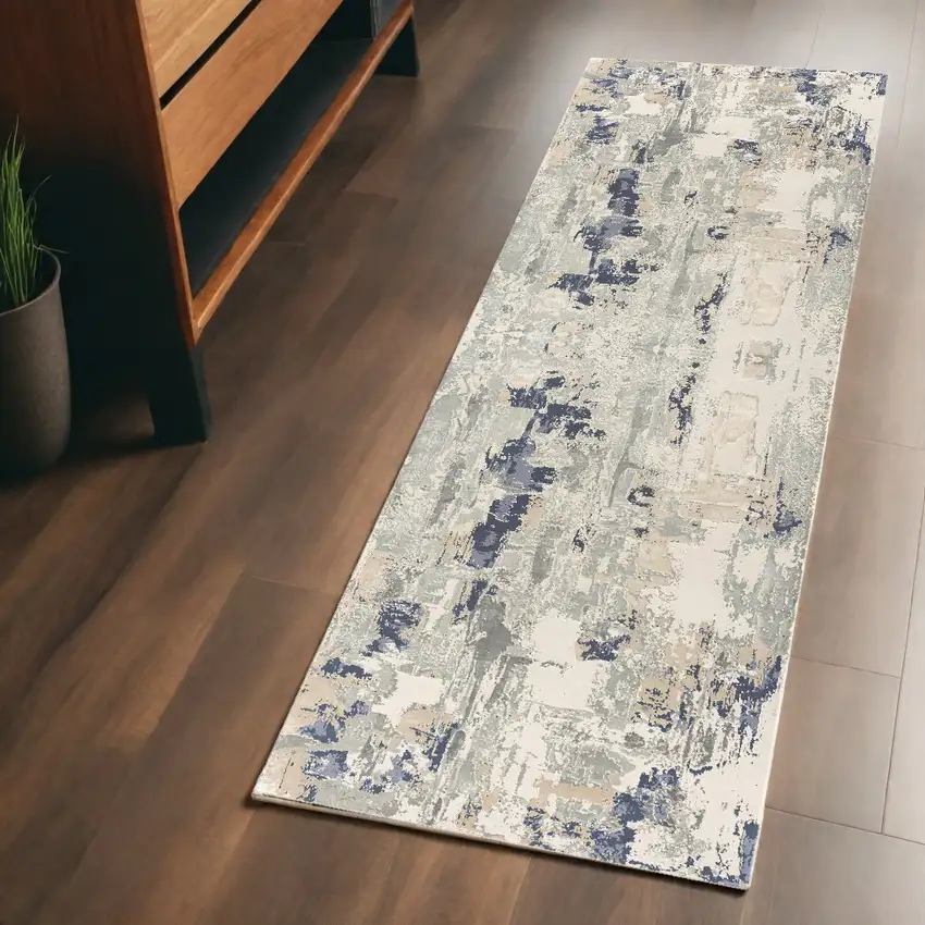 7' Blue And Beige Abstract Runner Rug Photo 1