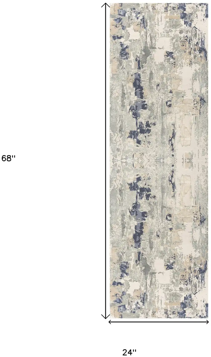 Blue and Beige Abstract Runner Rug Photo 3