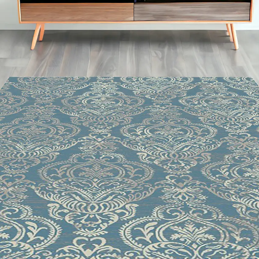 Blue and Beige Damask Distressed Area Rug Photo 2
