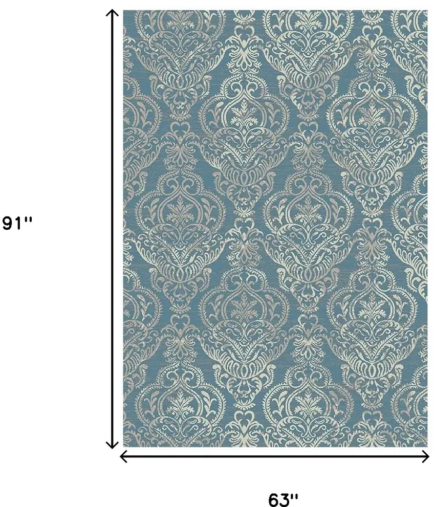 Blue and Beige Damask Distressed Area Rug Photo 5