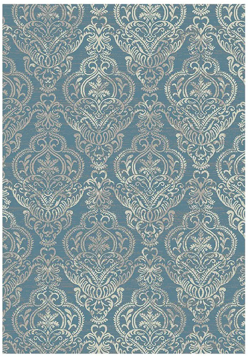 Blue and Beige Damask Distressed Area Rug Photo 1