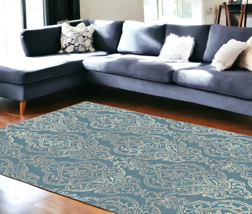 Blue and Beige Damask Distressed Area Rug Photo 3