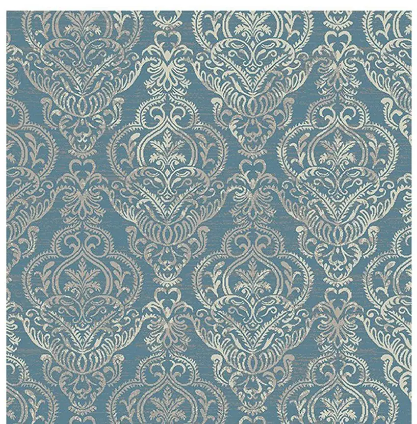 Blue and Beige Damask Distressed Area Rug Photo 4