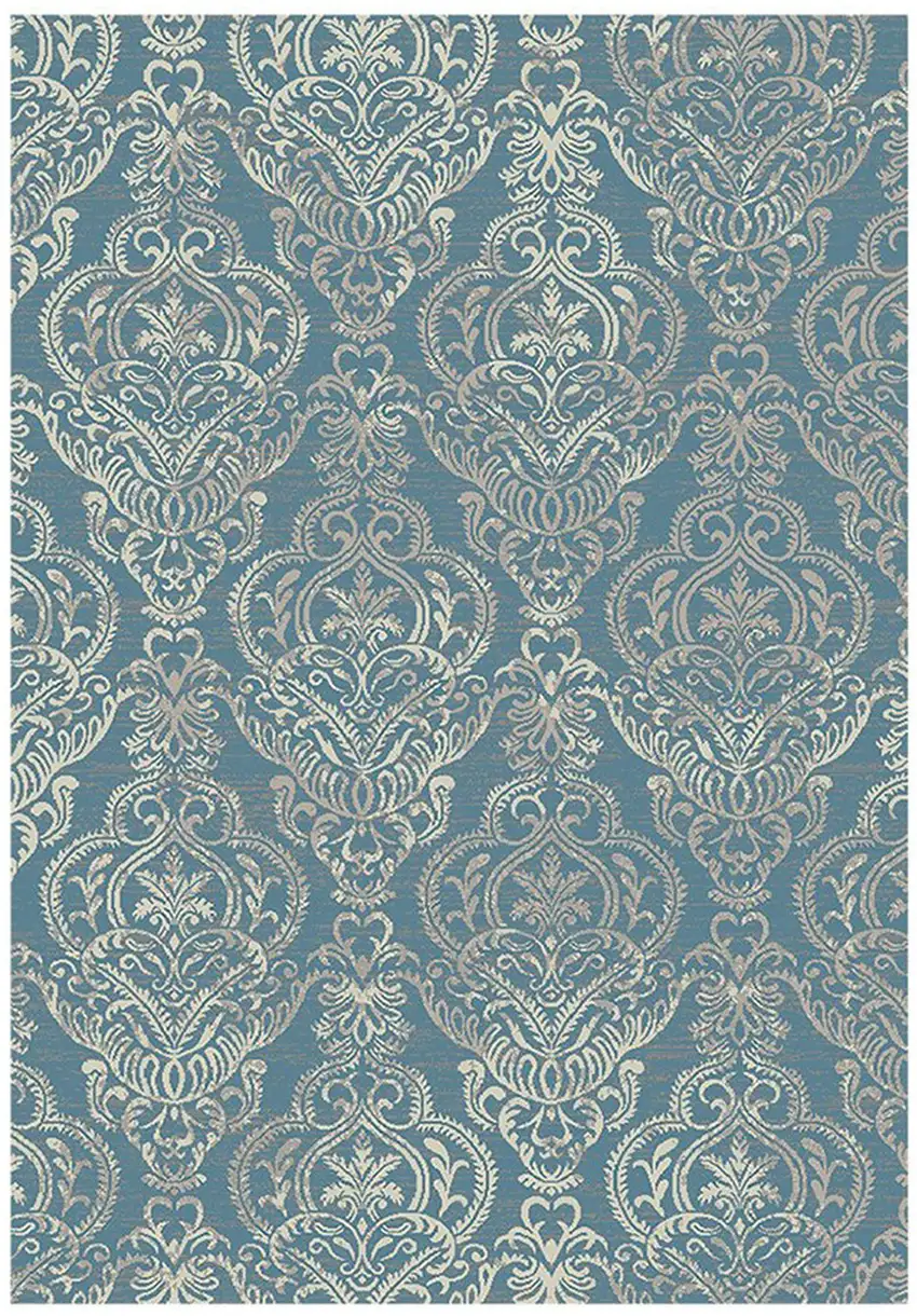 Blue and Beige Damask Distressed Area Rug Photo 5