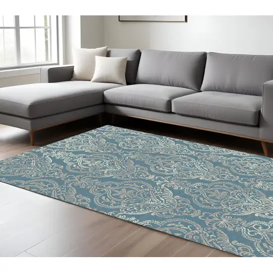Blue and Beige Damask Distressed Area Rug Photo 1