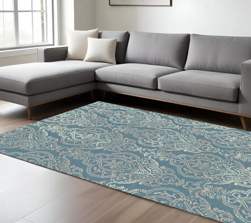 Blue and Beige Damask Distressed Area Rug Photo 1