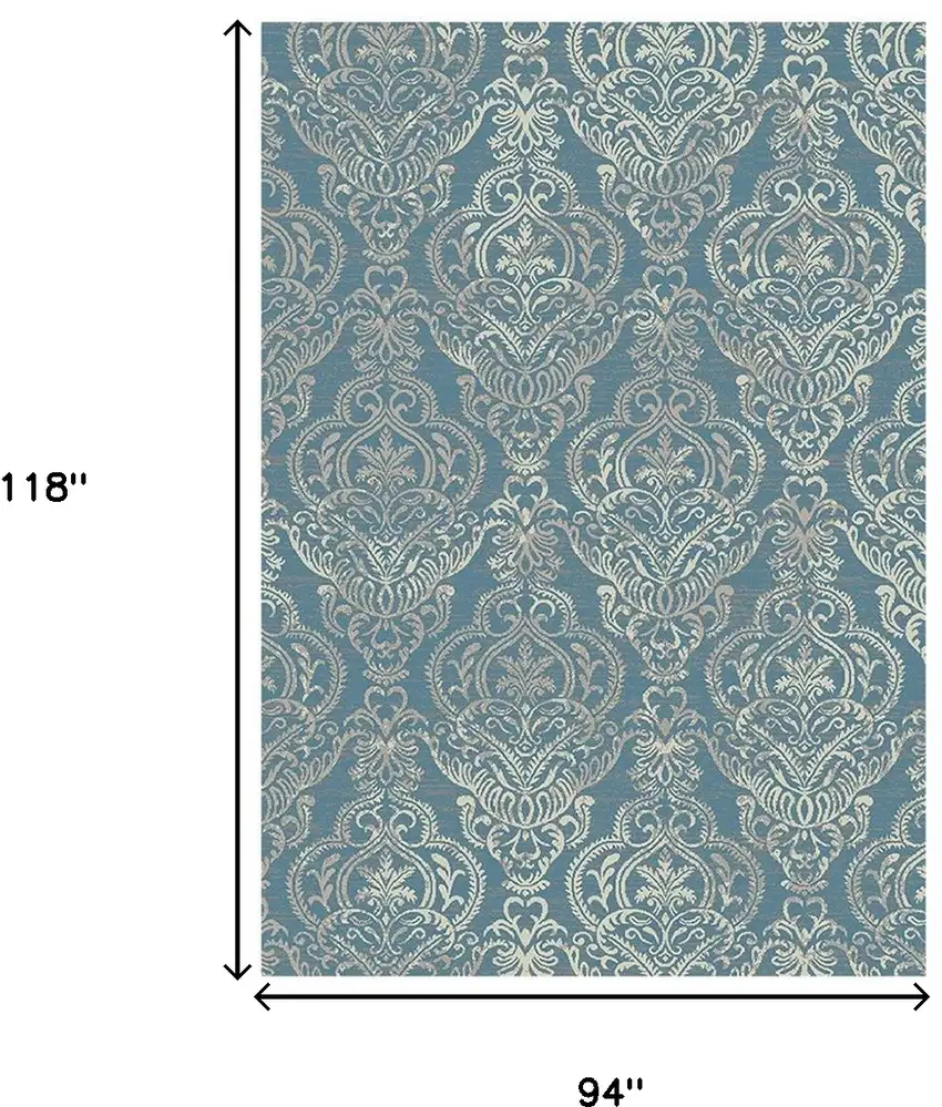 Blue and Beige Damask Distressed Area Rug Photo 6