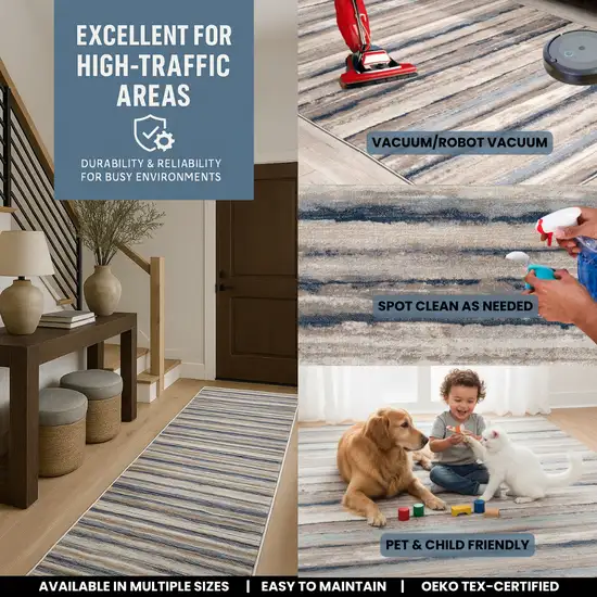 Blue And Beige Distressed Stripes Area Rug Photo 3