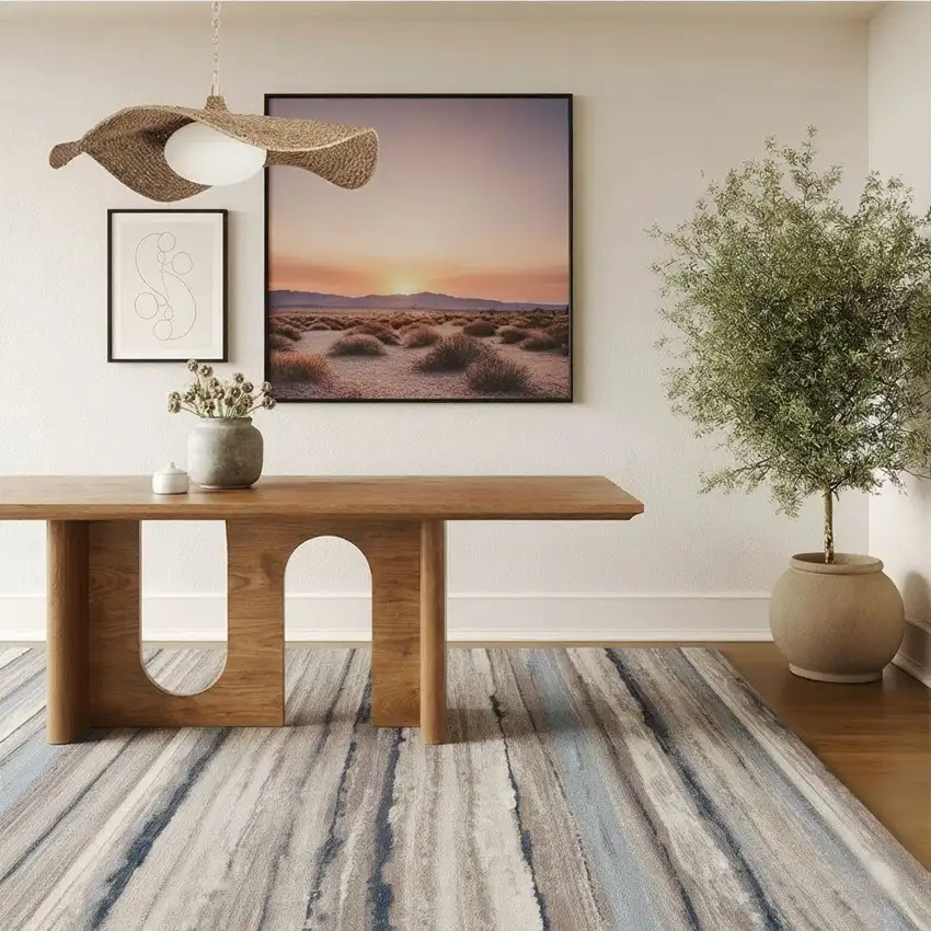 Blue And Beige Distressed Stripes Area Rug Photo 5