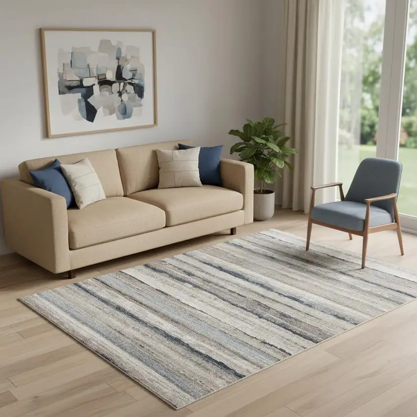 Blue And Beige Distressed Stripes Area Rug Photo 1