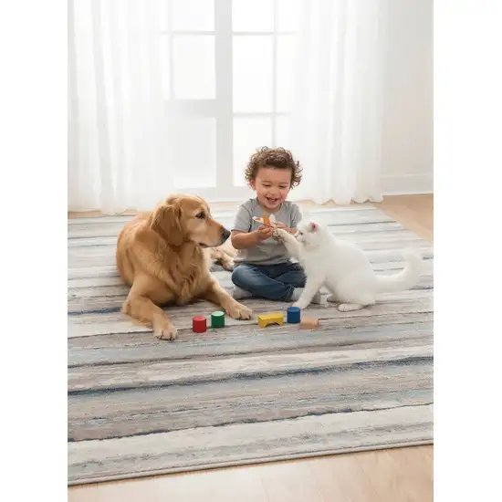 Blue And Beige Distressed Stripes Area Rug Photo 6