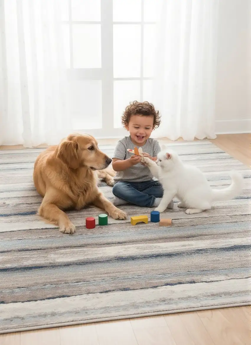Blue And Beige Distressed Stripes Area Rug Photo 6