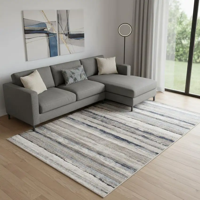 Blue And Beige Distressed Stripes Area Rug Photo 1