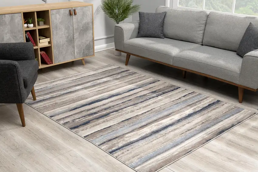 Blue and Beige Distressed Stripes Area Rug Photo 4