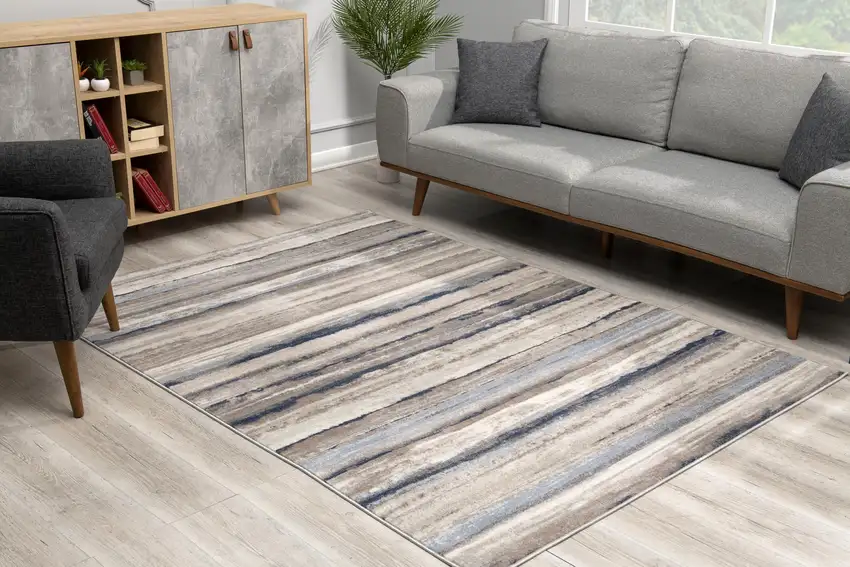 Blue And Beige Distressed Stripes Area Rug Photo 8