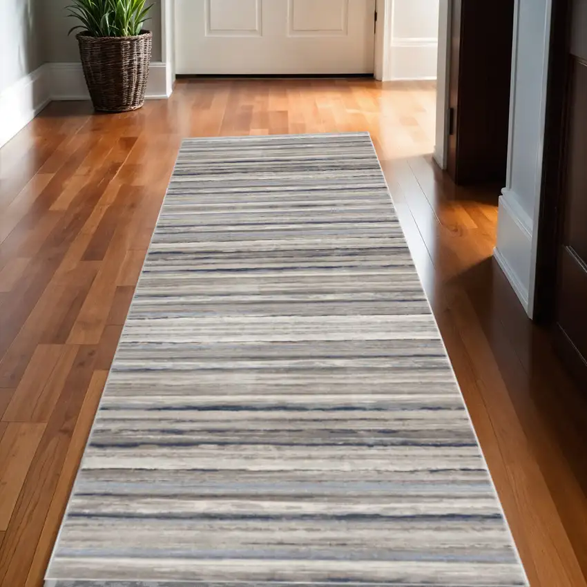 10' Blue and Beige Striped Distressed Runner Rug Photo 1