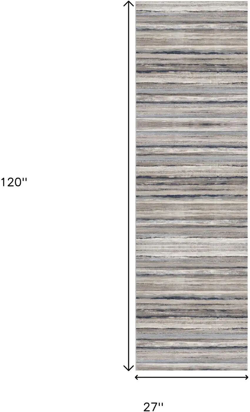 10' Blue and Beige Striped Distressed Runner Rug Photo 3